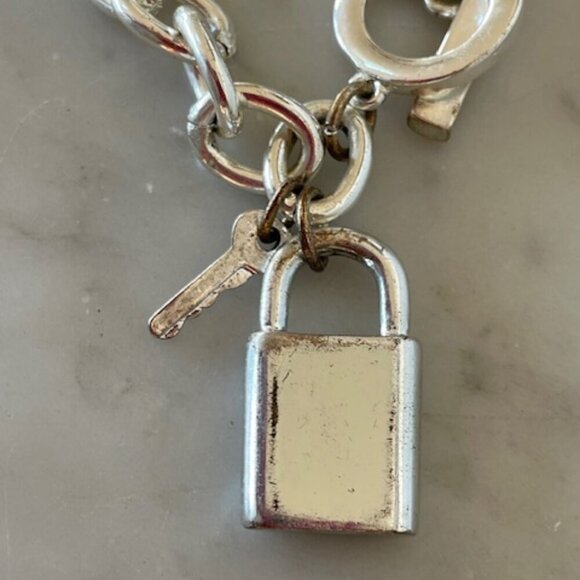 HOUSE OF HARLOW 1960 Crystal Jeweled Padlock & Key Silvertone Link Brace… - Picture 11 of 16